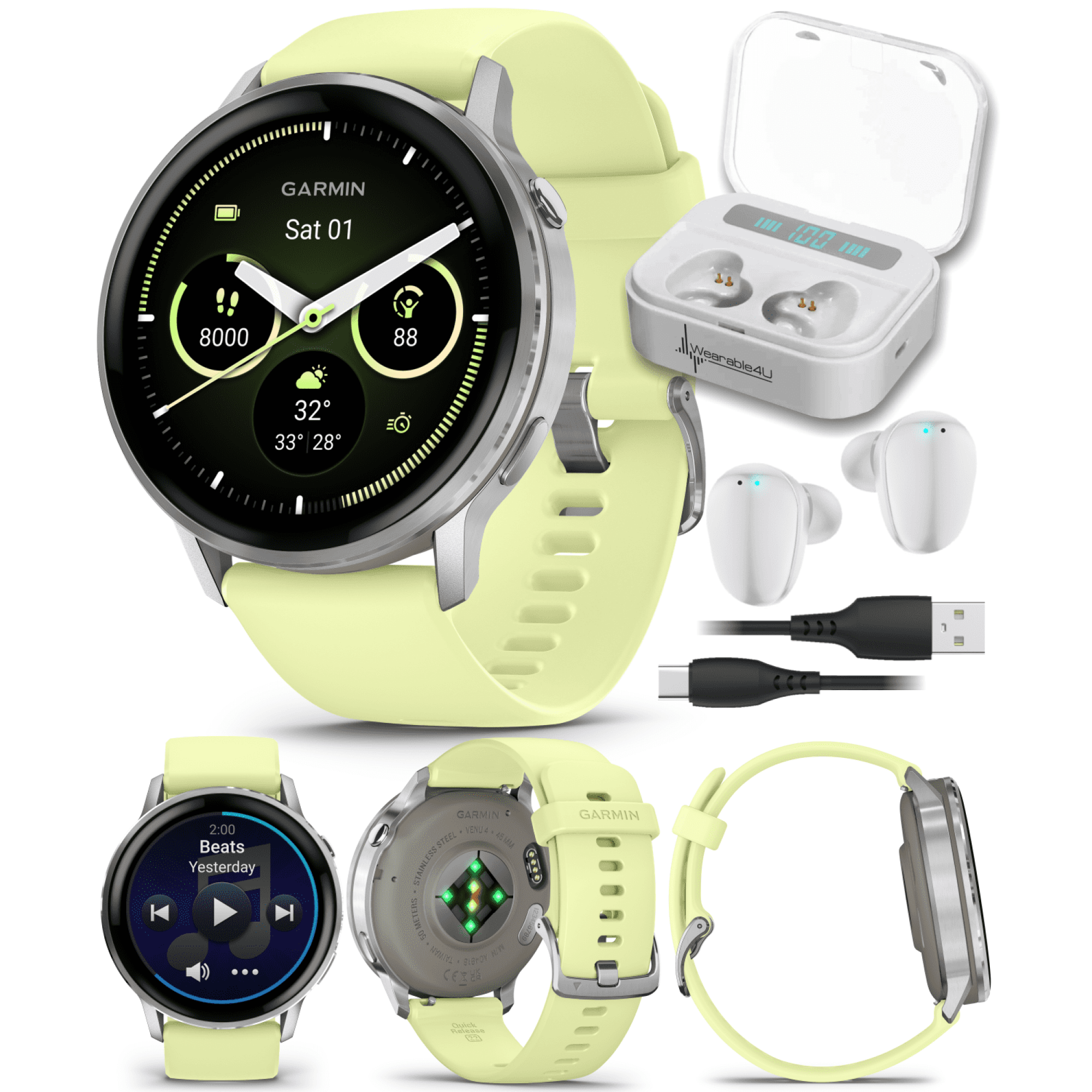 Garmin Venu 4 - 45mm AMOLED Advanced Health & Fitness GPS Smartwatch, Bright & Colorful Display, Flashlight, Up to 12 Days, Silver with Citron Silicone Band w/Wearable4U White EarBuds Bundle