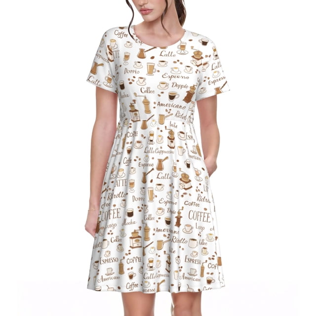 Fotbe Coffee Vestido Largo de Moda para Mujer, Vestido Tipo Camiseta con Manga Corta y Estilo Casual a Rayas y Bloques de Color