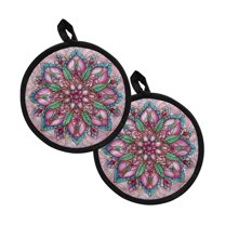 ZIATUBLES 2 Pieces Pot Holders Oven Mitts 2-in-1 Heat Resistant Hot Mats with Breathable Cotton-Like Liner Non-Slip Quilted Liner Trivets Kitchen 8 Inch Round Decor, Tribal Ethnic Flower