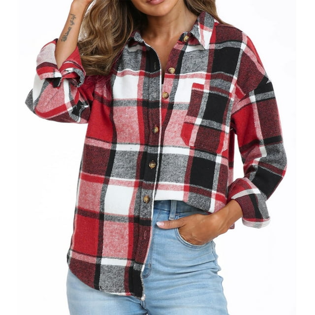 TACILIP Women Fall Clothes Plaid Shackets Button Down Long Sleeve Shirts with Pocket Collared Casual Womens Tops