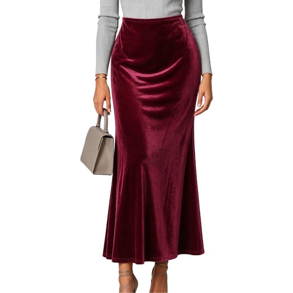 Levmjia Womens Midi Skirt Elastic High Waist Flared Long Skirt Solid Color Soft Office Party Holiday Daily Wear Elegant