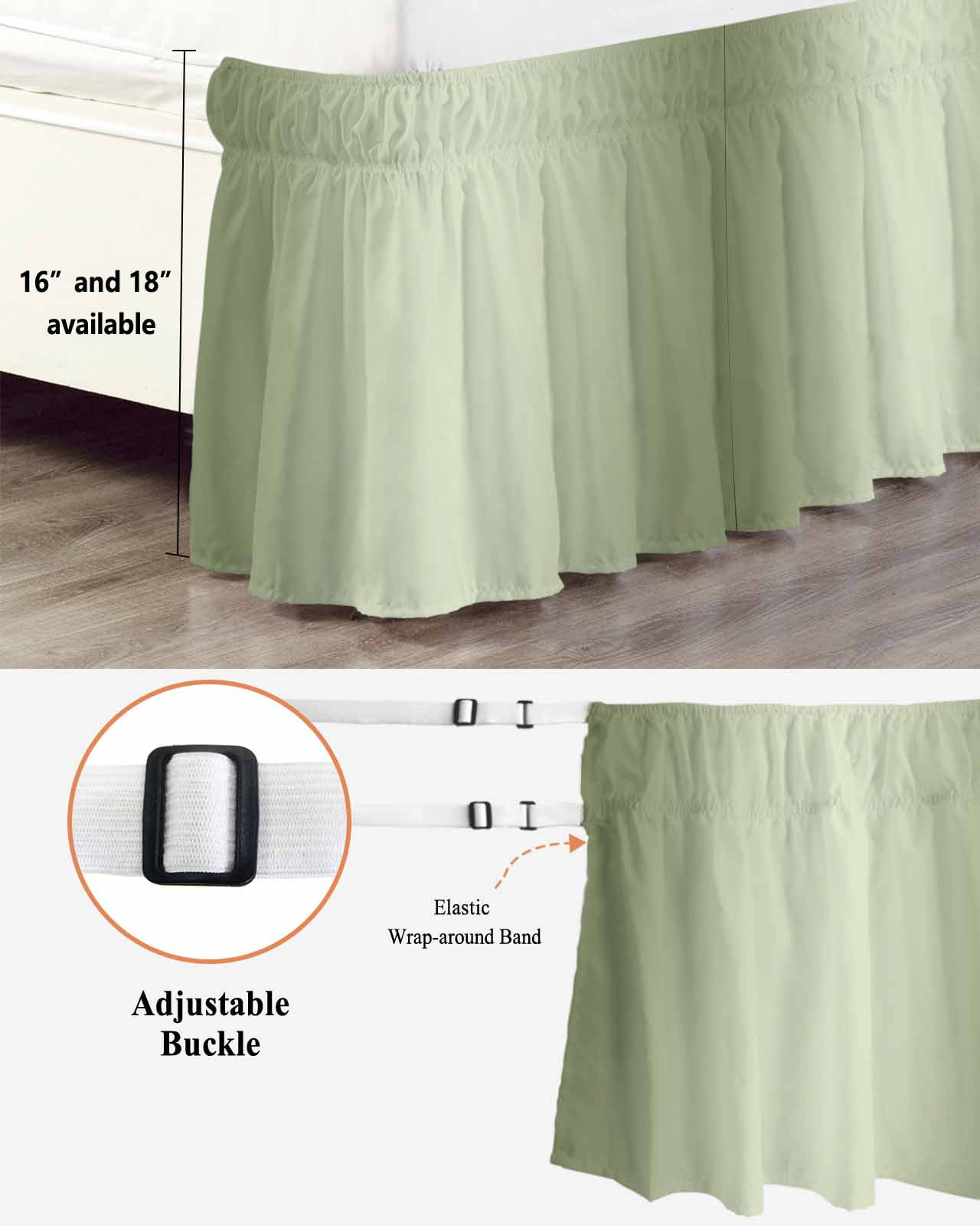 Sage Green Bed Skirt Ombre Solid Color Gradient Modern Art Bed Skirts Queen Size 18 Inch Drop, Wrap Around Dust Ruffle&nbsp;Bedskirt with Adjustable Elastic Belt for Queen Size Beds