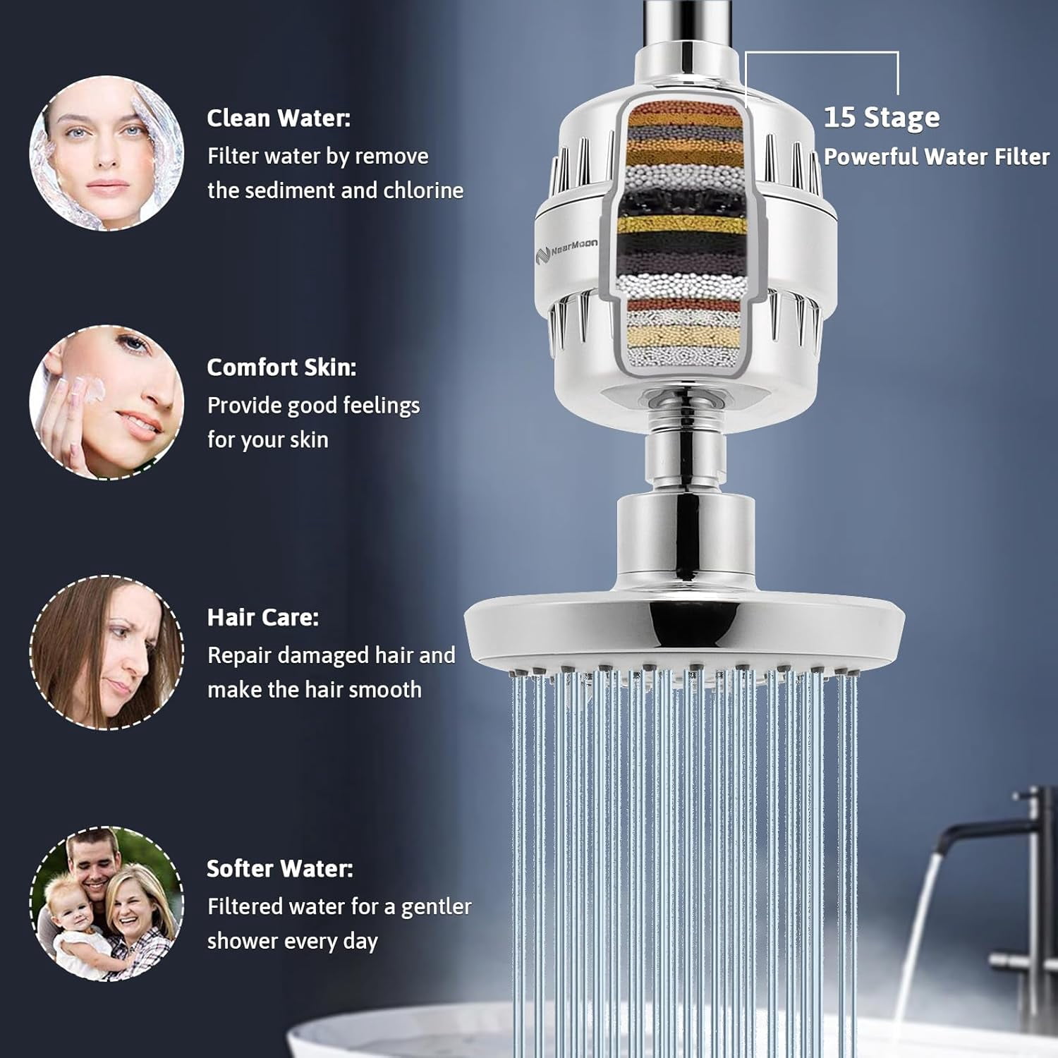 JJEAN-Filtered Shower Head, High Pressure Rain Fixed Showerhead Rainfall 5-Setting with 15 Stage Filter Cartridge- Relaxed Shower Experience Even at Low Water Flow & Pressure (Chrome Finish)