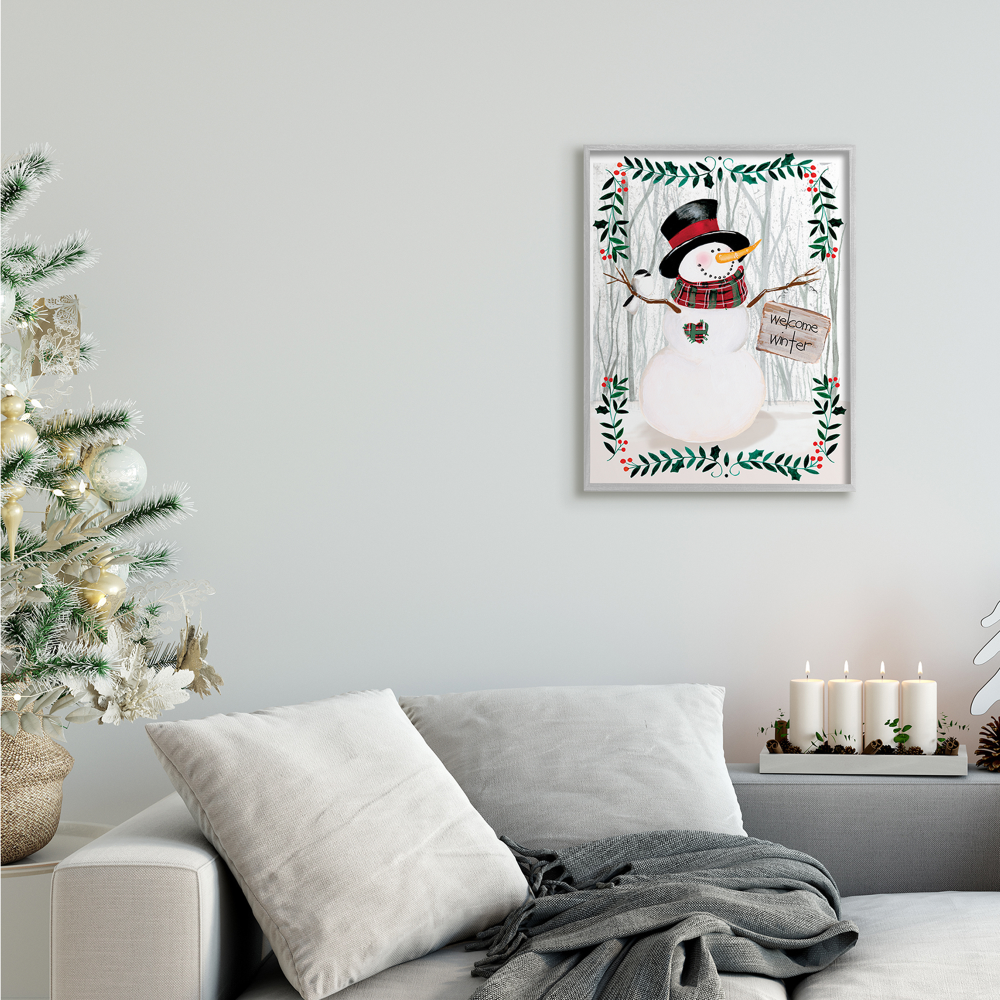Stupell Industries Winter Welcome Greeting Snowman Forest Holly Florals Holiday Painting Gallery Wrapped Canvas Art Print Wall Art, 36 x 48