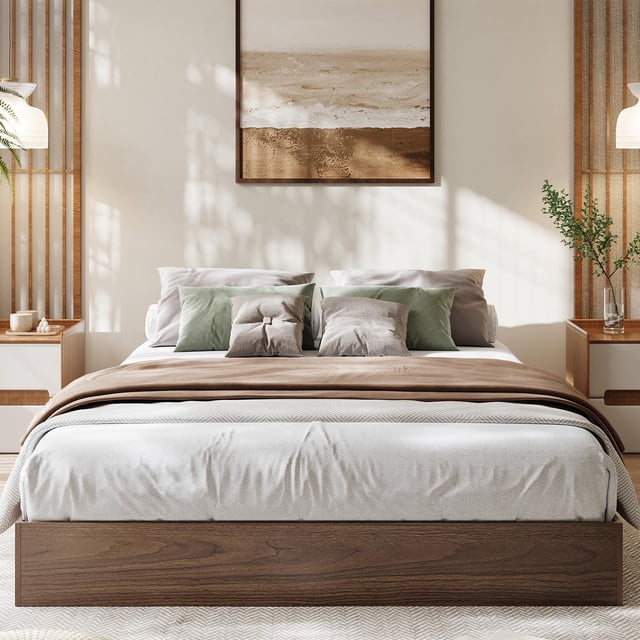 Bed Frame, Wood Platform Bed Without Headboard, Floor-Standing Bed Frame, Wooden Slats Support, No Box Spring Required