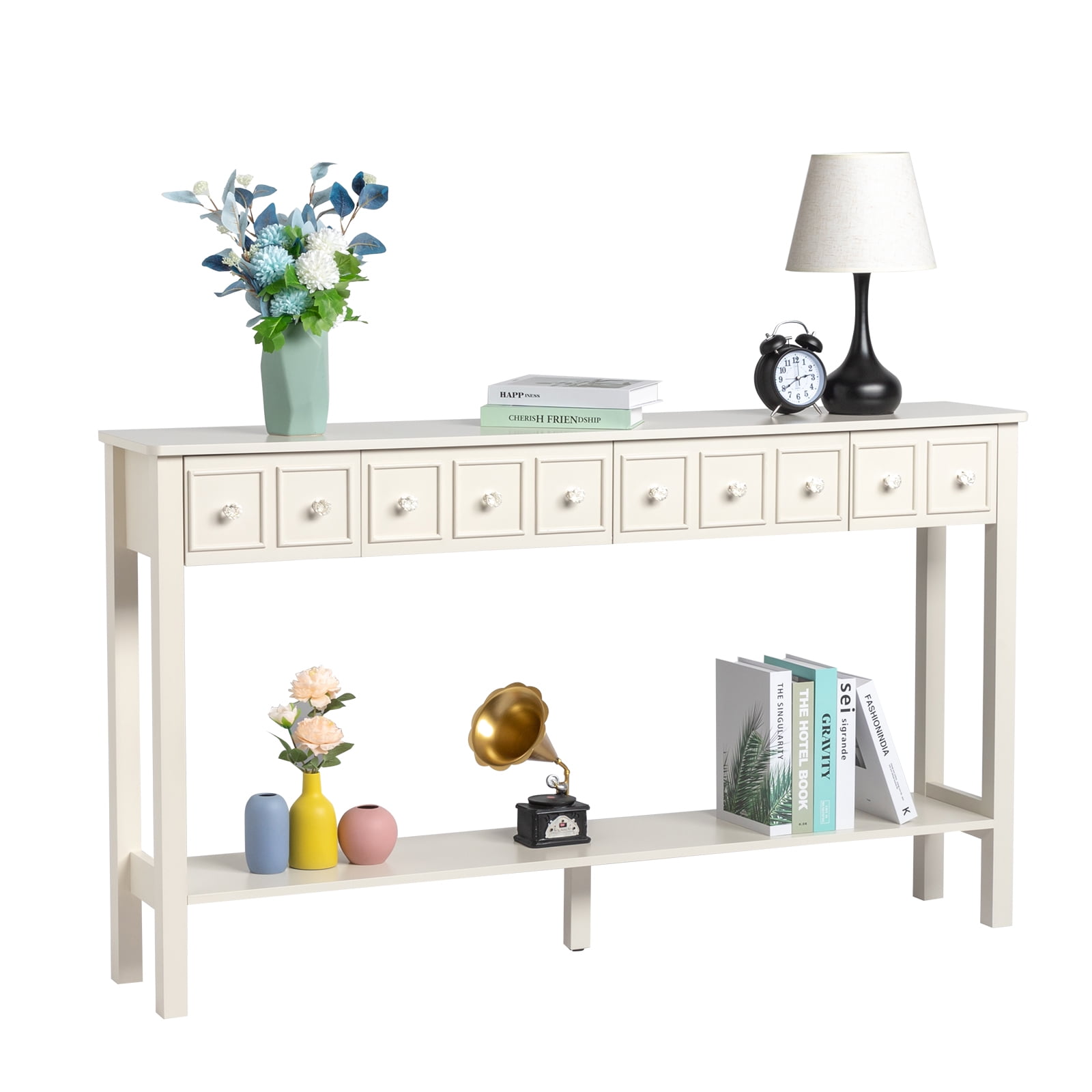 Ktaxon 60" Long Console Table with Storage for Entryway, Narrow Sofa Tablewith 4 Drawers and Storage Shelf, Multifunctional TV Table for Living Room, Hallway, Foyer, Antique White