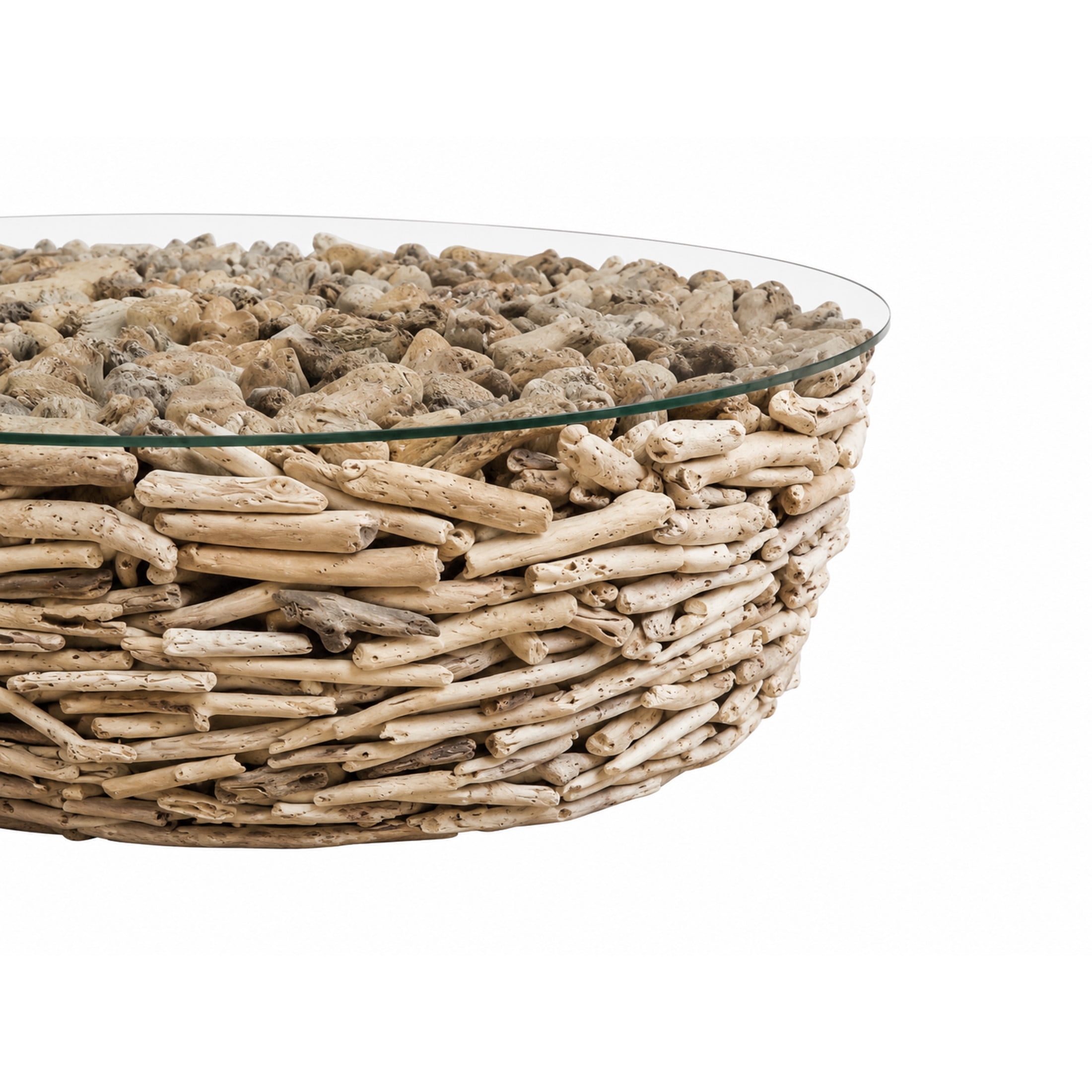 DecMode 48" x 16" Brown Driftwood Handmade Stacked Collage Coffee Table with Tempered Glass Top, 1-Piece