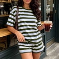thumbnail image 3 of Cagogo Women Plus Size 2 Piece Shorts Set Striped Casual Summer Outfits Loose Round Neck Short Sleeve Tshirt Shorts Matching Lounge Sets Tracksuits Travel Airport Clothes, Army Green S, 3 of 9