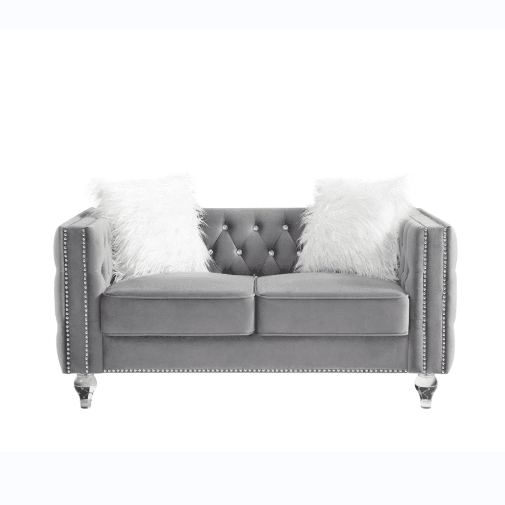 Modern Velvet Upholstered Loveseat Sofa with 2 Plush Pillows, Leisure 2-Seater Couch with Crystal Feet and Buckle, Lounge Sofa for Living Room, Bedroom, Office, Apartment, Gray