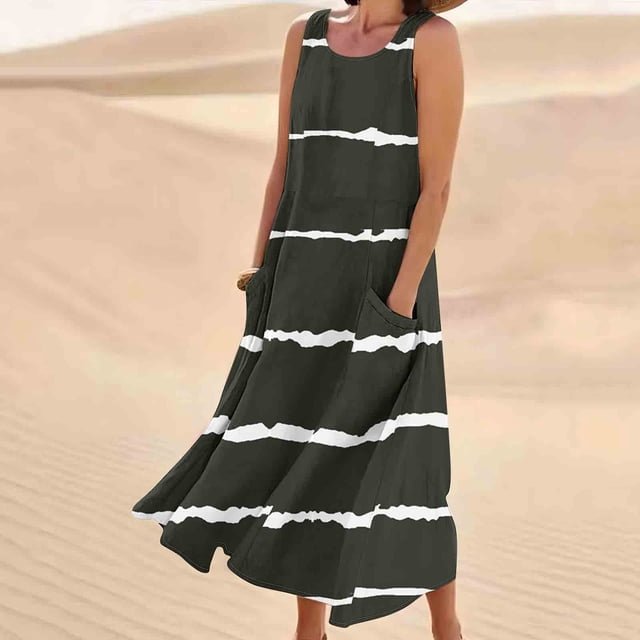 Robes pour Femmes, Robe Longue Imprimée Sans Manches en Coton et Lin à Col Rond pour Femmes