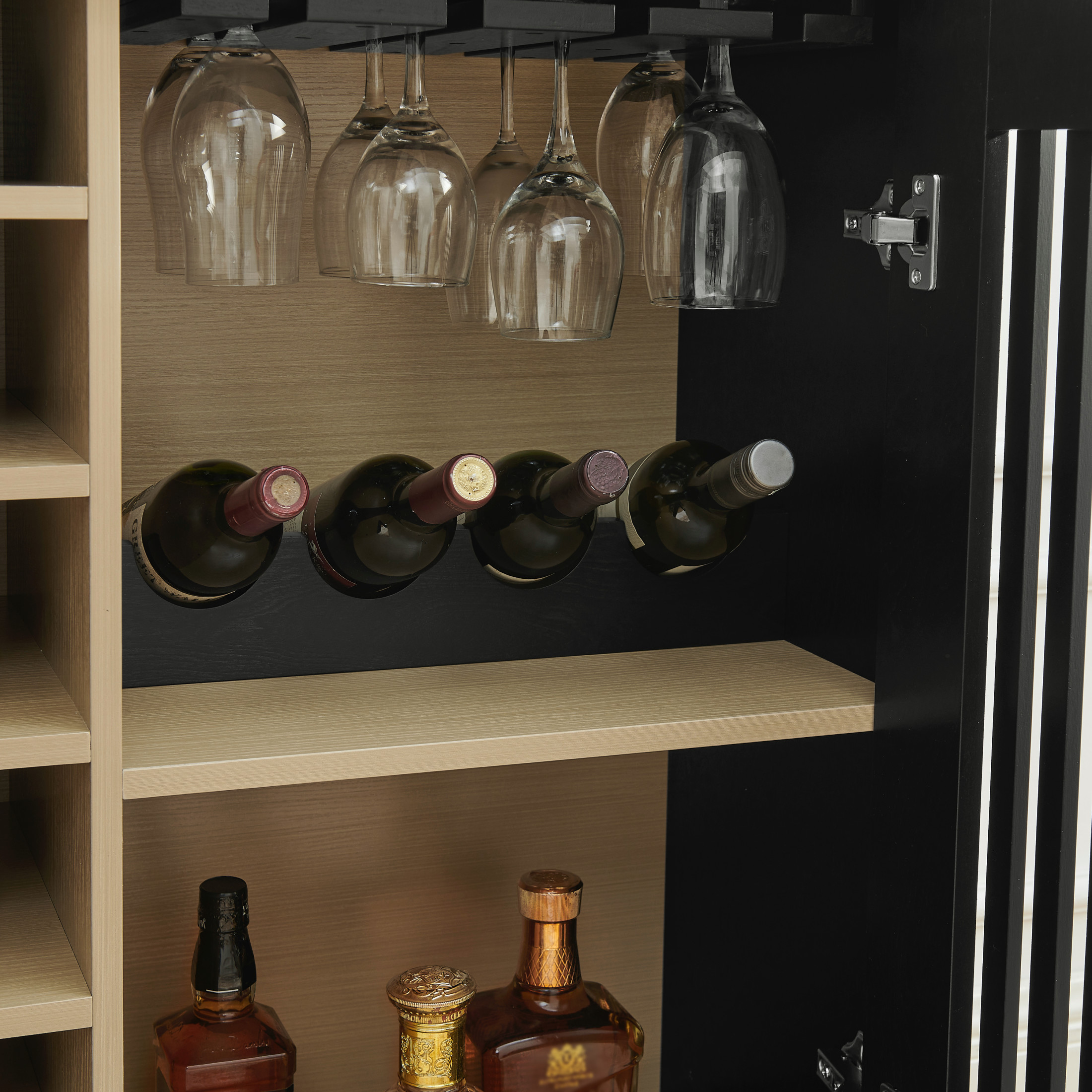 GDF Studio 43.1" Mid Century Modern Fluted Liquor Cabinet with Wine Rack & Glass Holder, Black