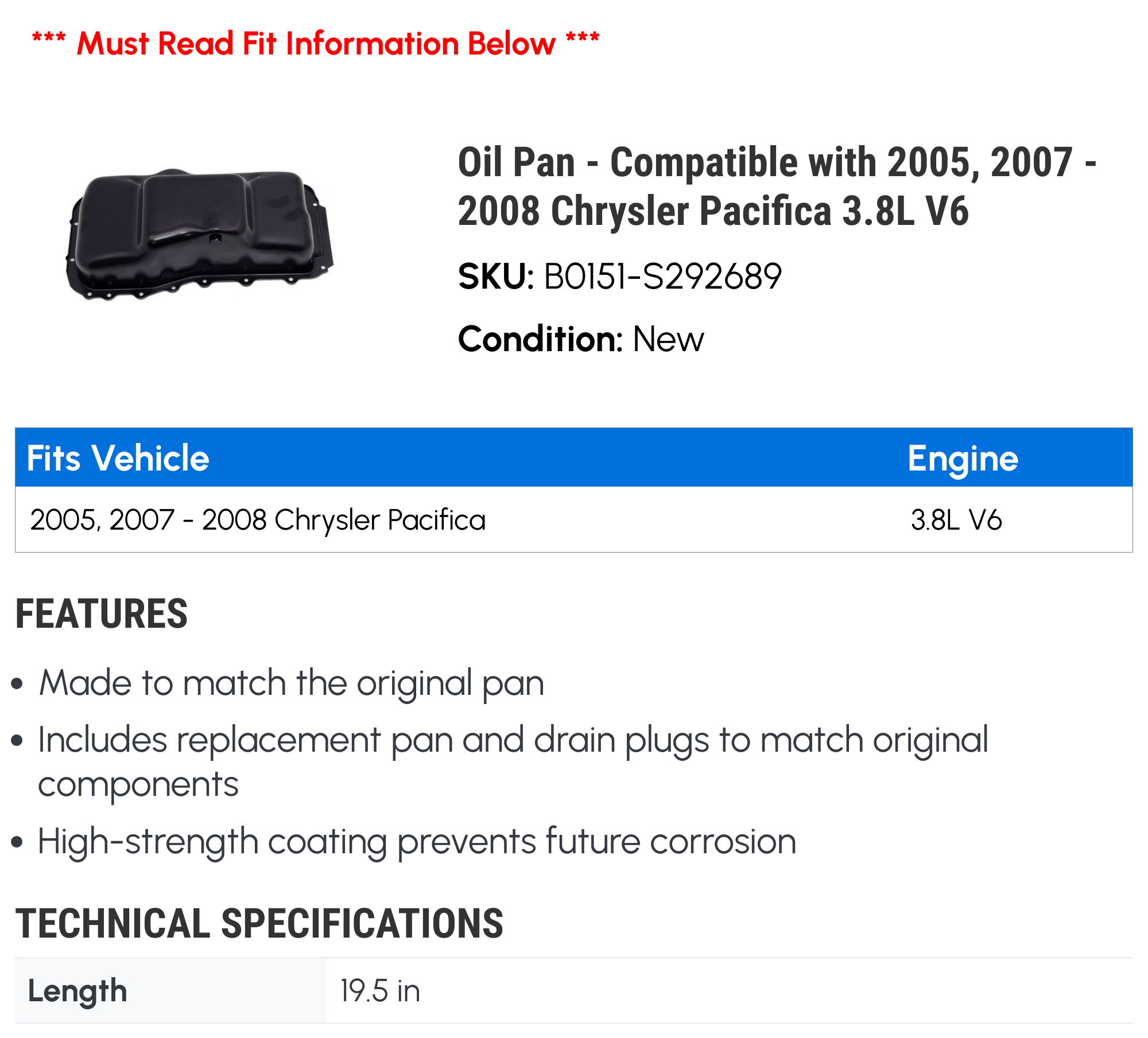 Oil Pan - Compatible with 2005, 2007 - 2008 Chrysler Pacifica 3.8L V6 - Dorman