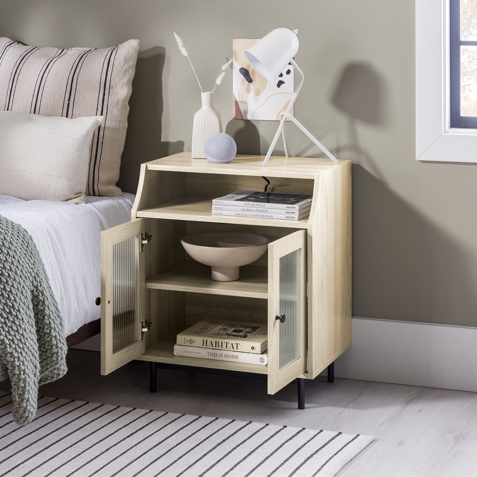 Walker Edison Modern 2 Door Nightstand with USB Port, Birch