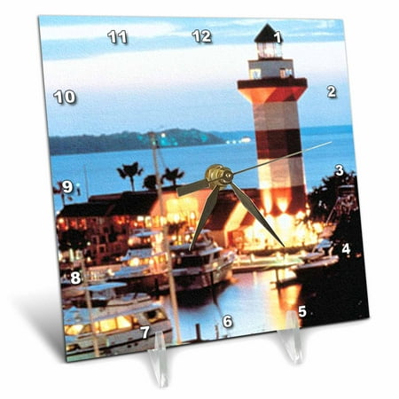 3dRose Harbour Town Lighthouse at Hilton Head Island at Dusk, Desk Clock, 6 by 6-inch
