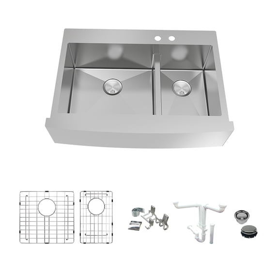 Transolid KKM-DTDOF362510-MR2 Diamond 35.8-in L x 25-in W 60/40 Double Bowl Farmhouse Apron Front Kitchen Sink and Accessories Kit with 2 Pre-Drilled Holes in Stainless Steel