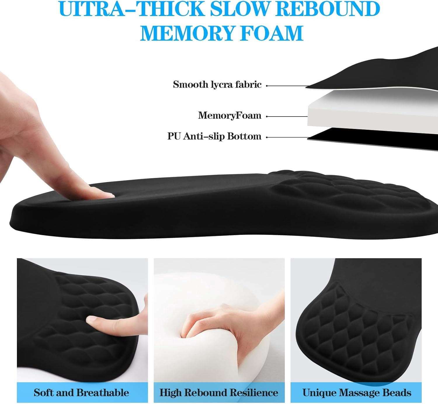 Ergonomic Mouse Pad with Wrist Support, Memory Foam Mousepad with Massage Design, Wrist Rest for Carpal Tunnel Pain Relief, Non-Slip PU Base for Office Desk/Gaming (Black)