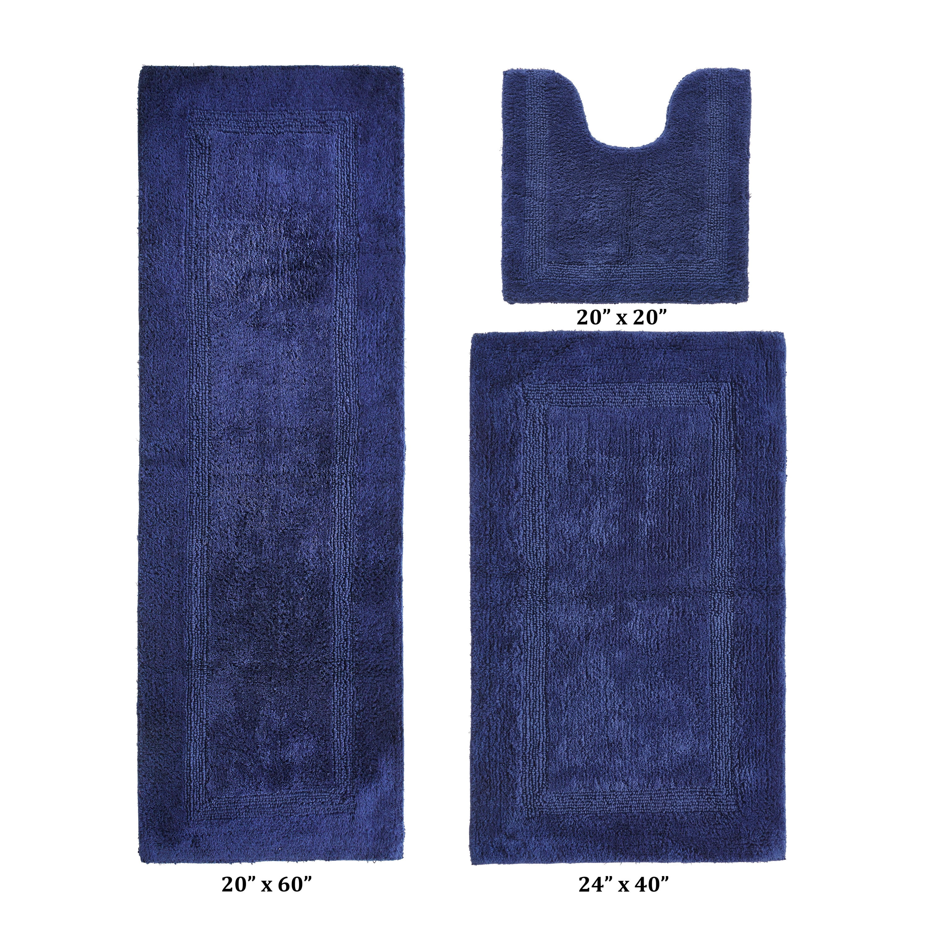 Better Trends 3 Piece Bathroom Rugs Set 100% Cotton Soft Bath Rug Water Absorbent, Reversible, Machine Washable for Bathroom Decor Toilet Base Contour, Luxury Runner Mat Navy Lux Collection