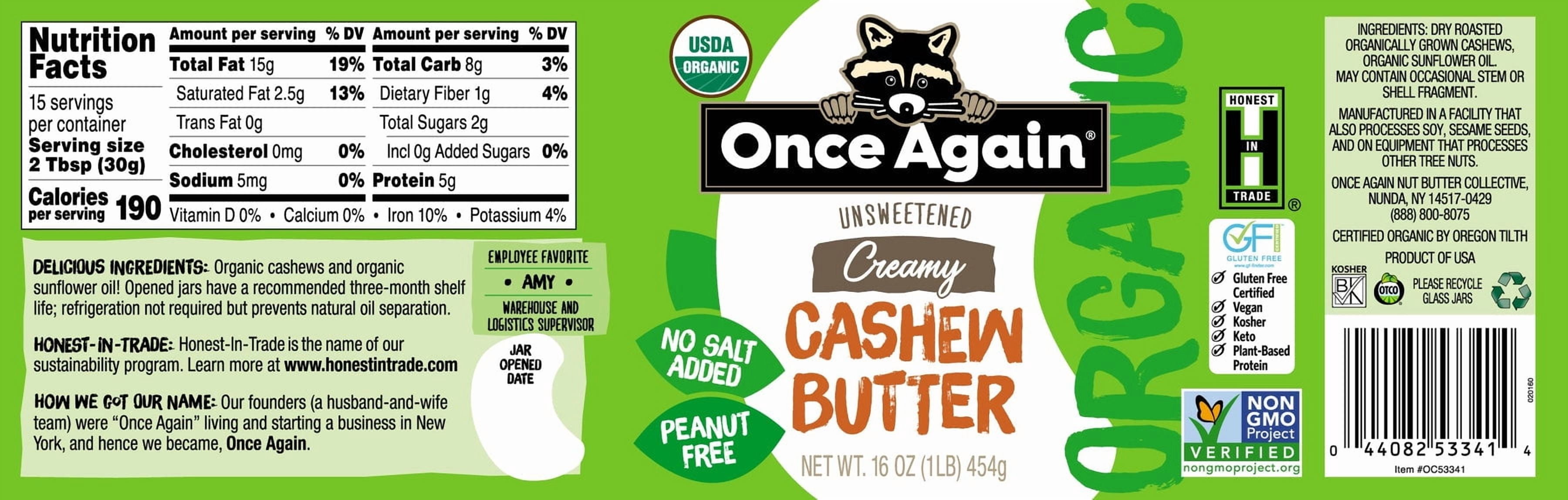 Once Again Cashew Butter Creamy Unsweetened 16 oz Pack of 4