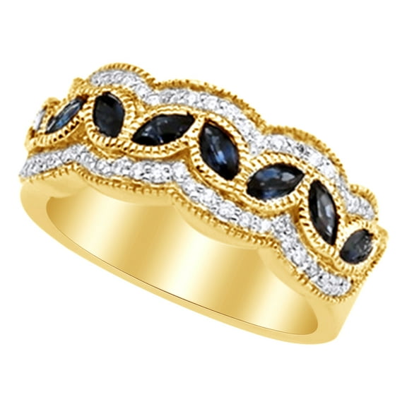 Simulated Sapphire & White Natural Diamond Anniversary band Ring in 14k Yellow Gold (0.33 Cttw)