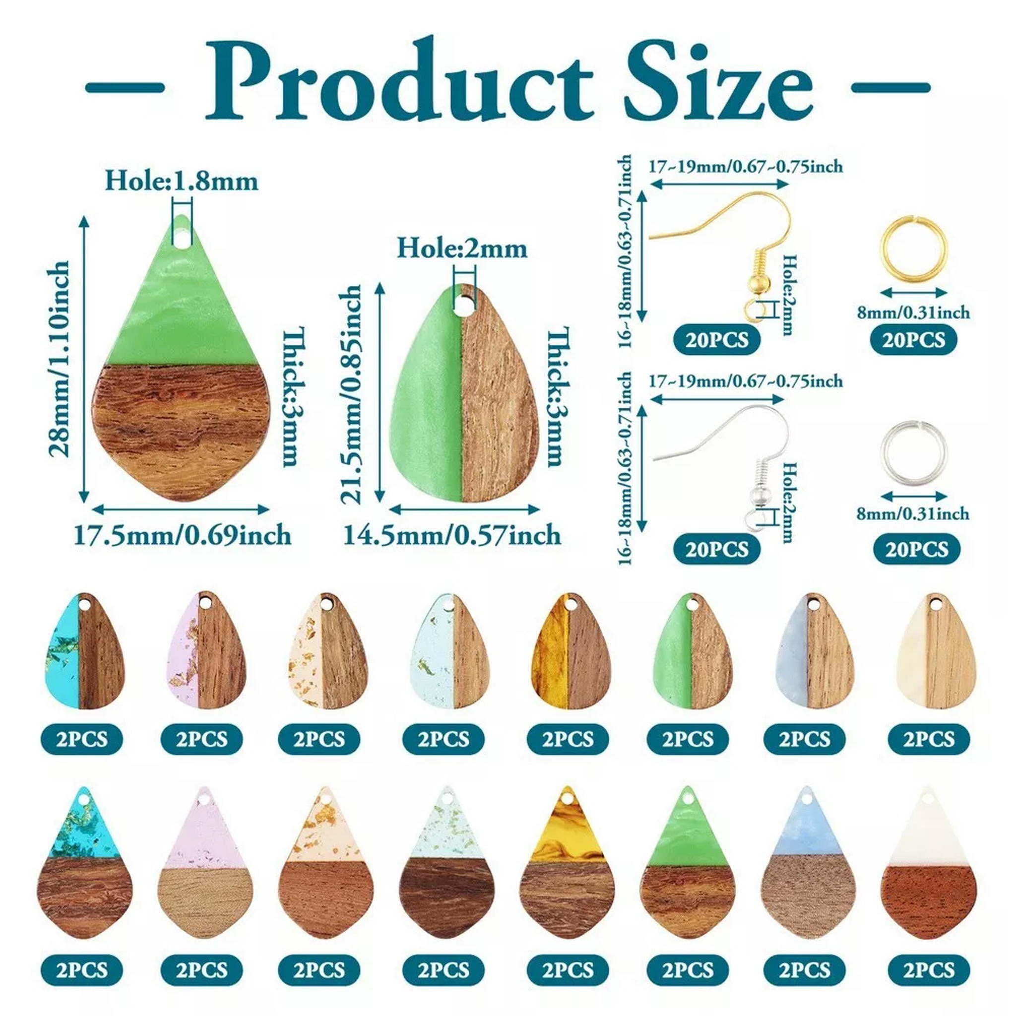 U8MO 16Pairs Resin Walnut Wood Pendants Hooks DIY Teardrop Dangle Earring Making Kits