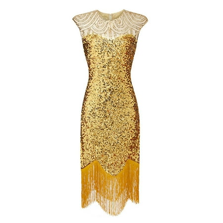 IDALL Prom Dresses Formal Dresses Women s Vintage 1920s Sequin Beaded Tassels Party Night Hem Flapper Gown Dress Graduation Dress Petite Dresses Sequin Dress Yellow Dress S