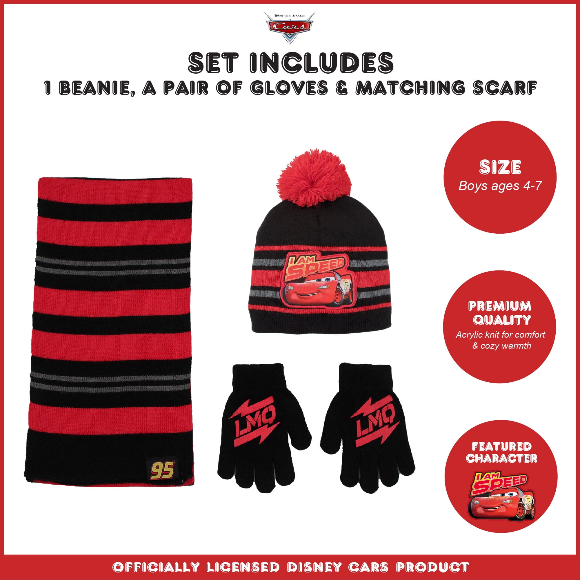 Disney Cars Lightning McQueen Acrylic Winter Hat Scarf and Gloves Set