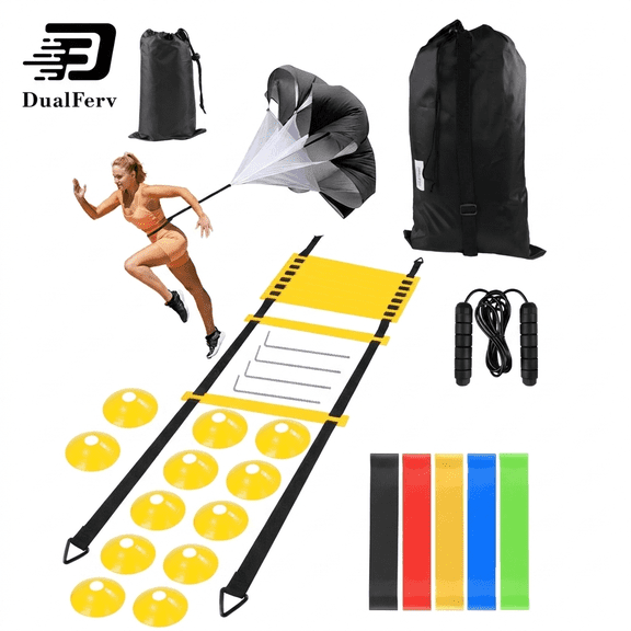 DF DUALFERV Speed and Agility Training Set, Agility Training Equipment For Kids with 20ft Sports Agility Ladders, Cones, Resistance Parachute, Resistance Bands, Jump Rope for Basketball, Soccer,