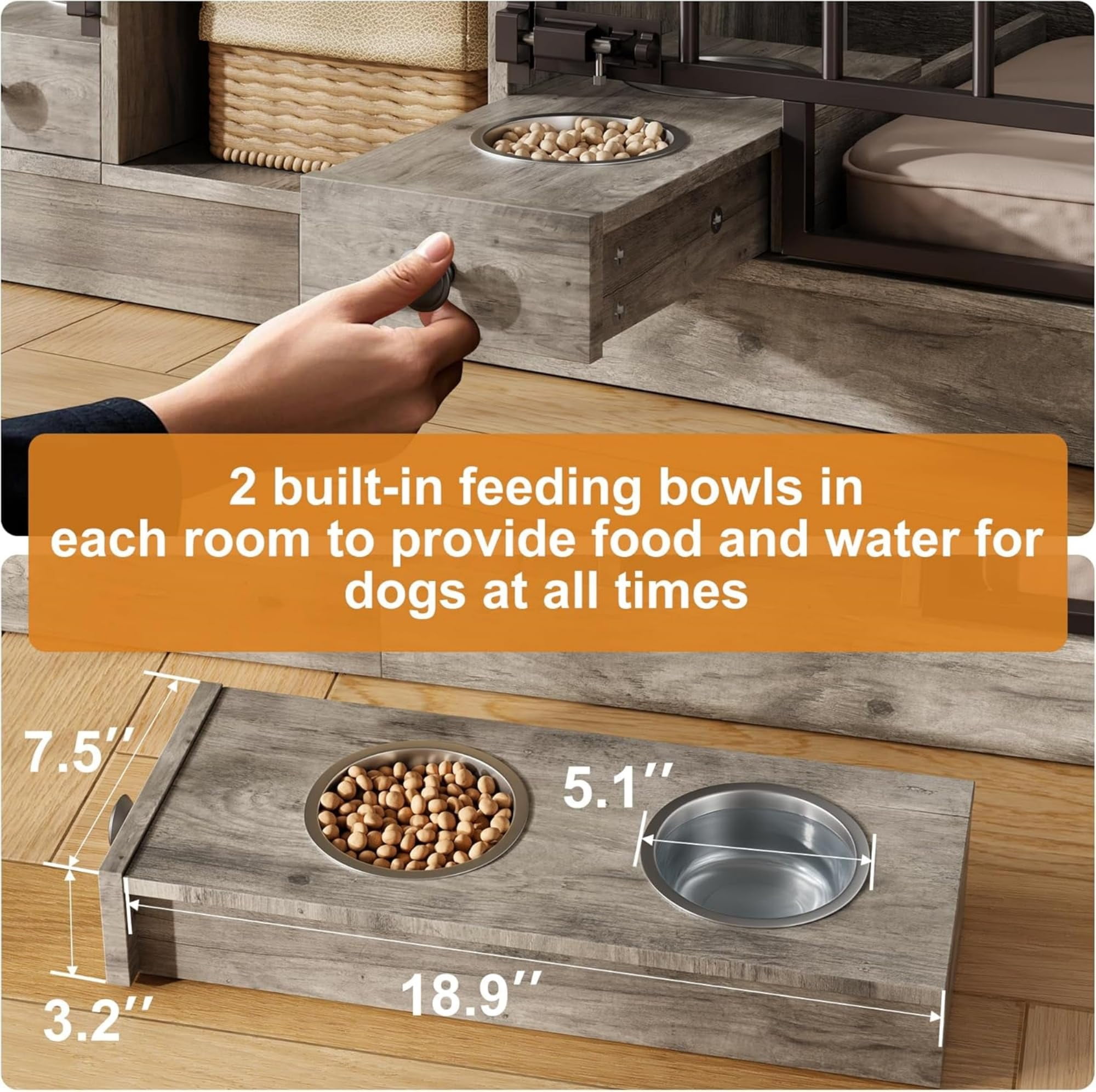 Accreate Dog Crate Furniture for 2 Dog, 78.7'' Large Dog Kennel Indoor with 2 Storage Drawers, 3 Shelves and Feeding Bowls, Double Dog Crate TV Stand for Small and Medium Dogs