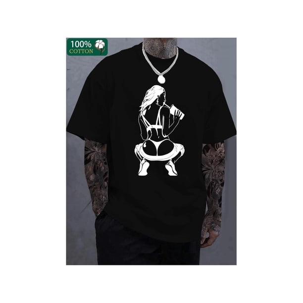 Camiseta de algodón gruesa de boutique con estampado de belleza atractiva y sexy para beber, camiseta informal de algodón de moda para hombre, camiseta de cuello redondo de manga corta