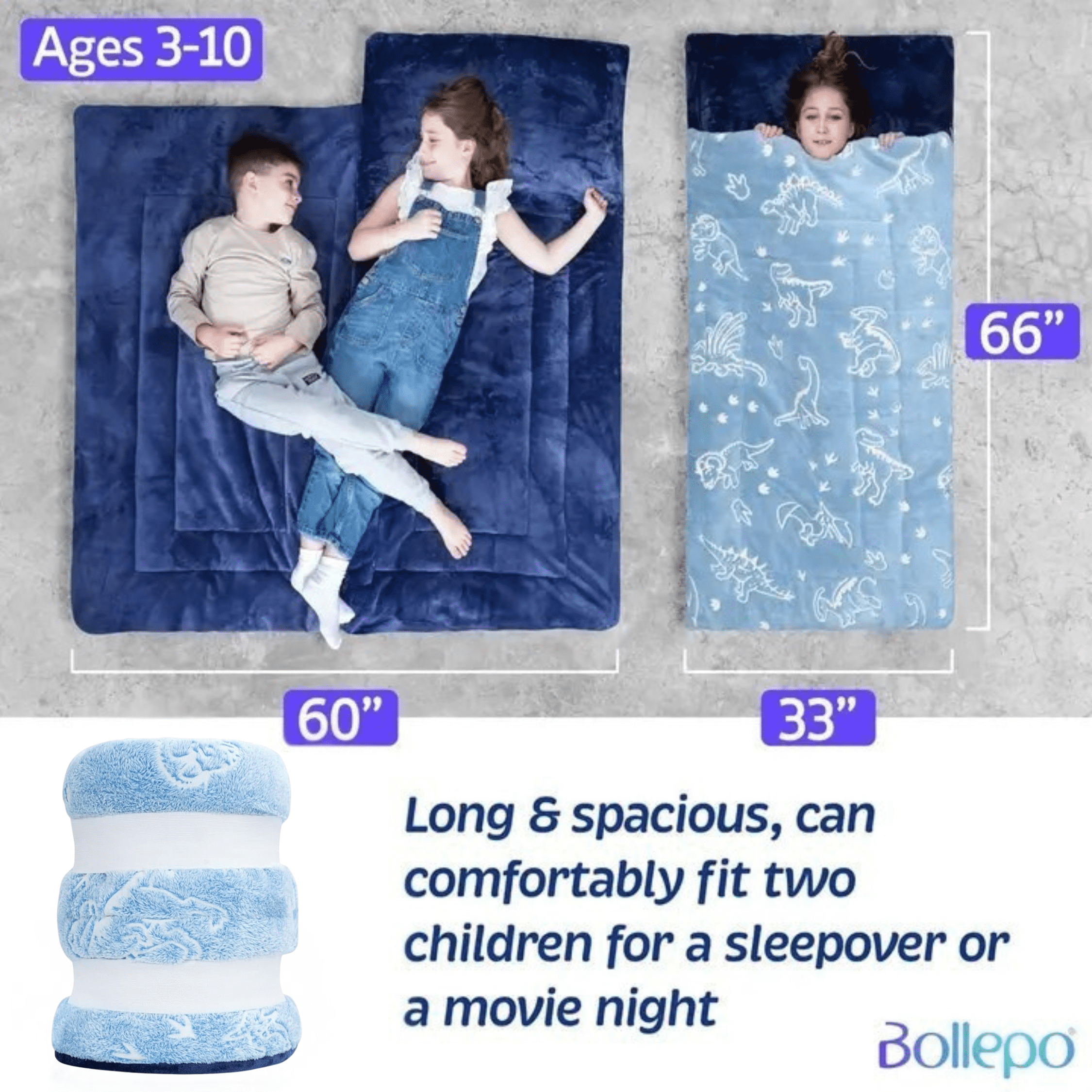 Sleeping Bag for Boys with Glowing Dinosaurs, Super Soft Sleep Bag for Boys (66'' x 33")