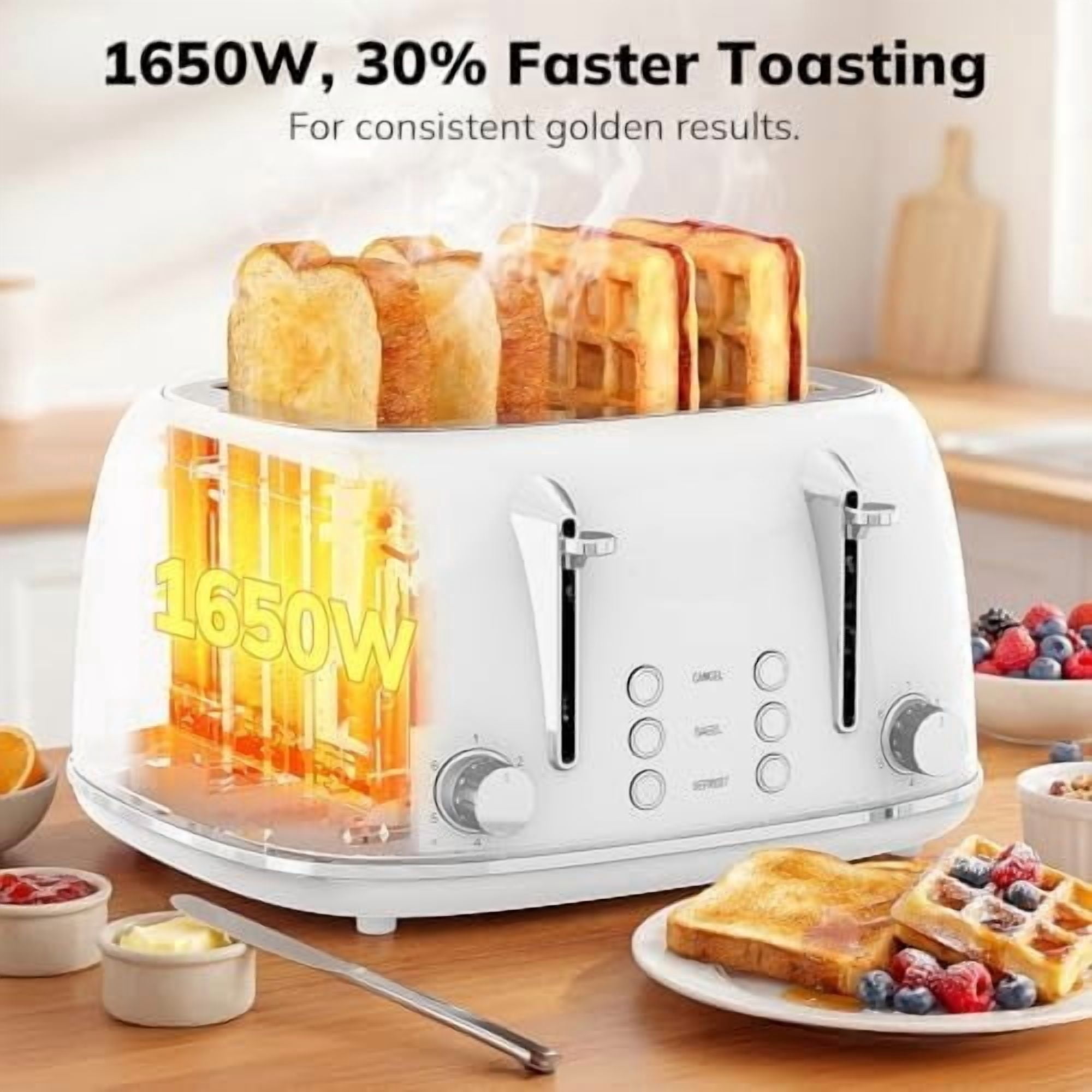 Toaster 4 Slice, Retro Stainless Steel Wide Slot Toaster with Dual Independent Controls, 6 Browning Levels, Bagel, Defrost, Reheat & Cancel, Removable Crumb Tray, White