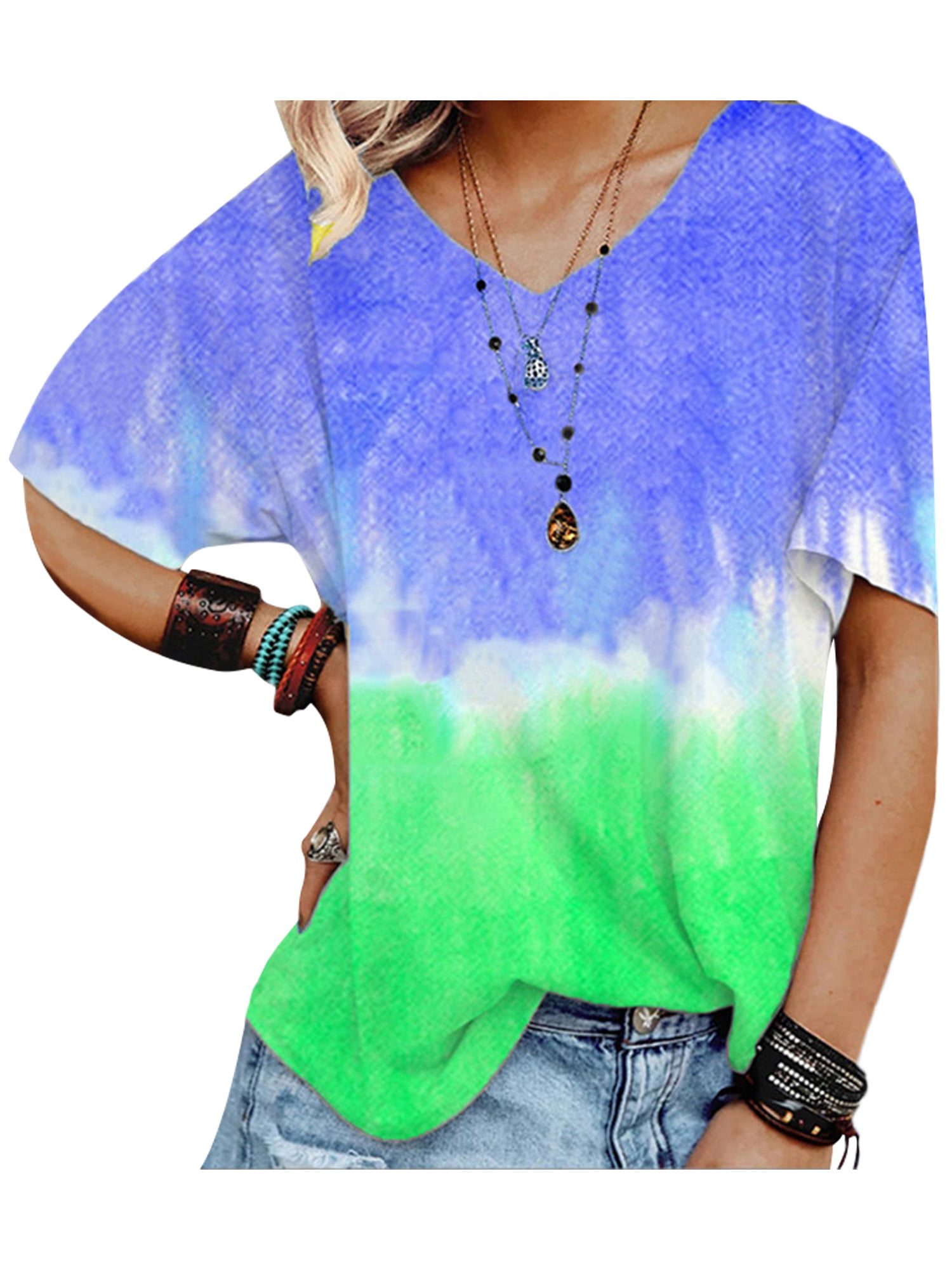 Womens Tops Tie Dye V Neck Tee Casual Short Sleeve T Shirts Casual Loose Gradient Shirt Blouse Dark Blue 