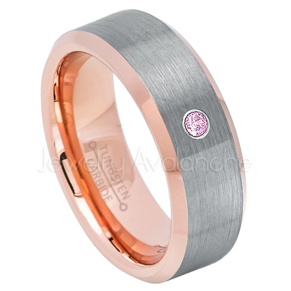 2-Tone Rose Gold Beveled Tungsten Ring - 0.07ct Solitaire Pink Tourmaline Ring - Personalized Tungsten Wedding Ring - Custom Made October Birthstone Ring TN742BS