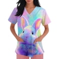 thumbnail image 5 of JoveMarine Women's Cute Cartoon Printed V-Neck Short Sleeve Scrub Top with Pockets Side Slit Workwear Blouse Kawaii Uniform for Spring Fall Daily Work Purple Pink XL, 5 of 6