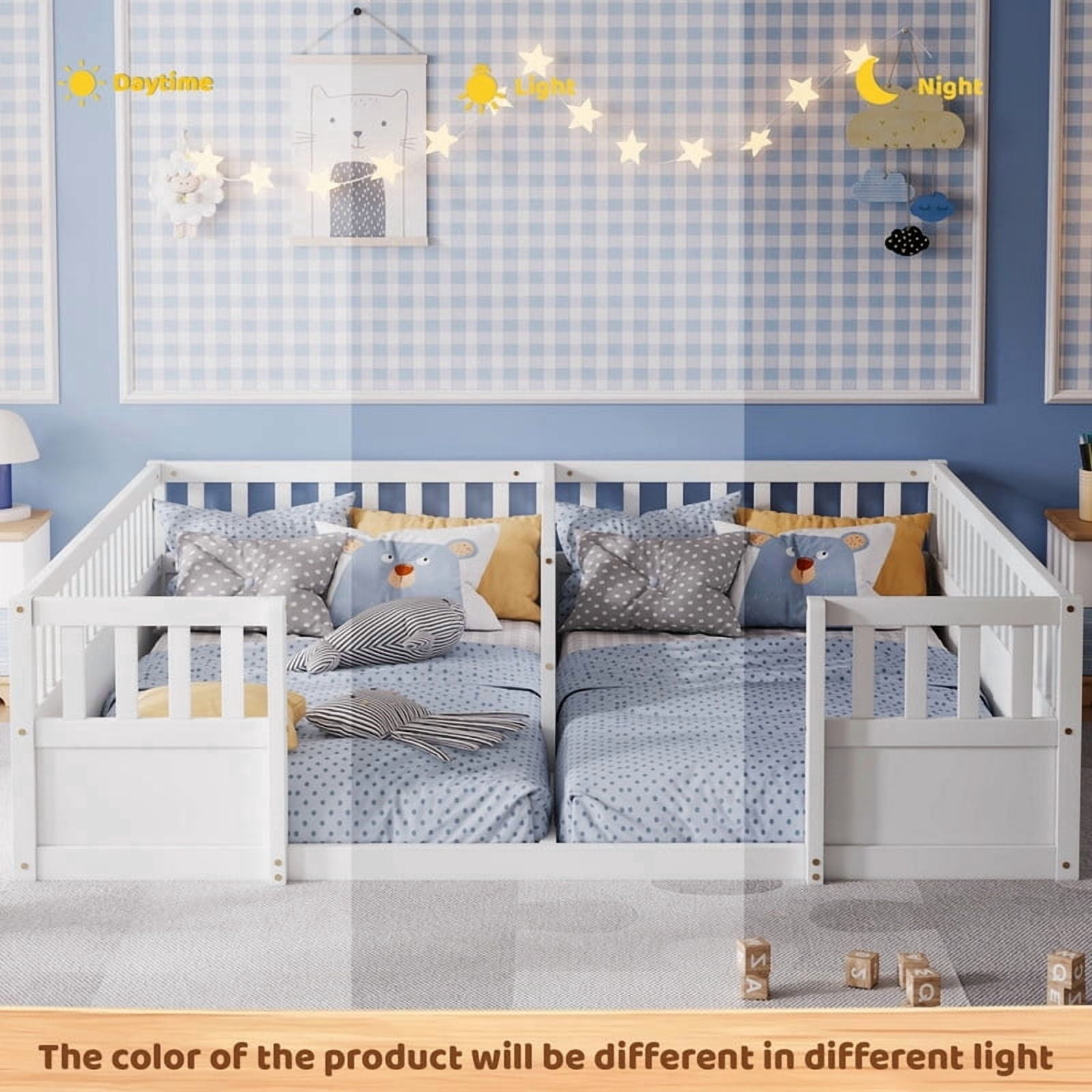 Twin Size Horizontal Floor Bunk Bed Frame with Semi-Enclosed Safety Guardrails, Wood Low Profile Kids Bed with Open Entrance