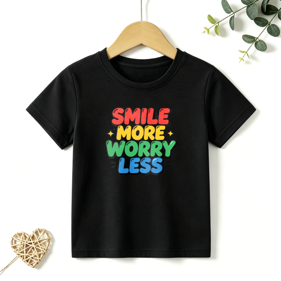 Boys Graphic T Shirt Smile More Worry Less Quote Short Sleeve Tee Positive Message Style 100% Cotton Soft Kids Tops 4-13Y