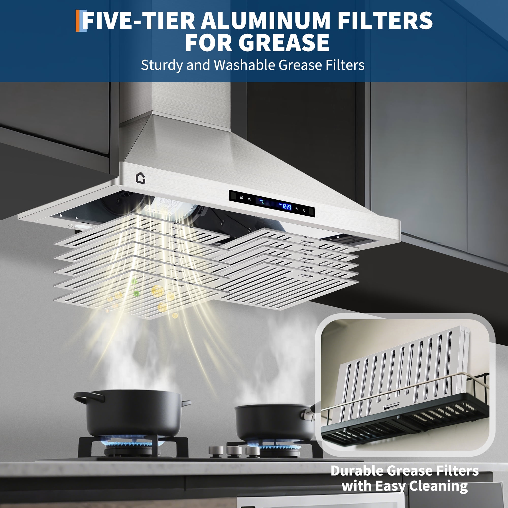 30 Inch Stainless Steel Range Hood, 250 CFM Quiet Operation Touch Control & 3 Speed, Ducted/Ductless Convertible, Five-Tier Aluminum Grease Filters, Adjustable Chimney for Kitchen Vent Hood