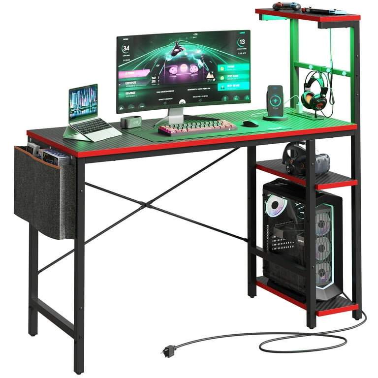 Bestier 44 Inch Gaming Desk, 4 Tier Shelf Computer Desk with LED Lighting,  Side Storage Bag and Accessories Hanger for Gaming and Working, Carbon  Fiber Black&Red 