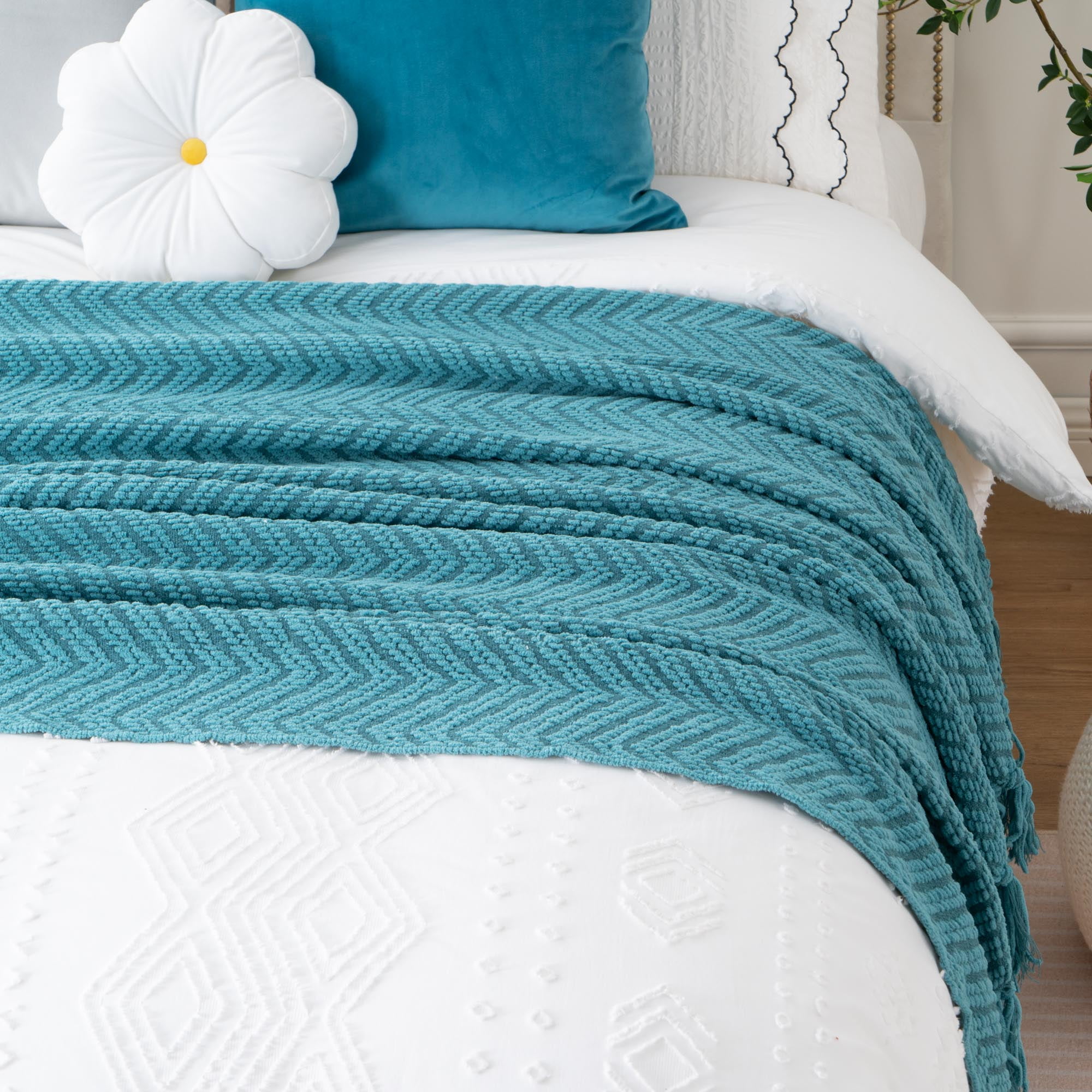 Battilo Teal Throw Blanket for Couch, Knit Woven Turquoise Blanket