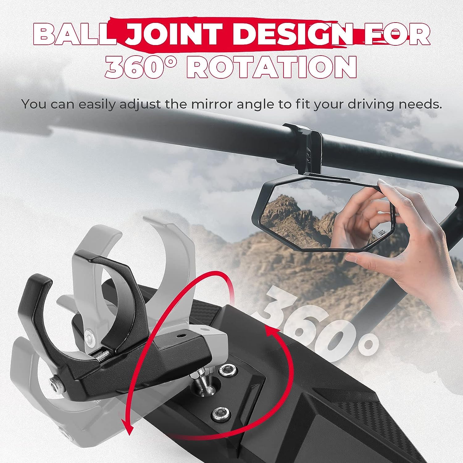 Esploratori UTV Rear View Mirror With LED Light - For 1.5"-2" Roll Cages, Fits Polaris RZR, Can-Am Maverick