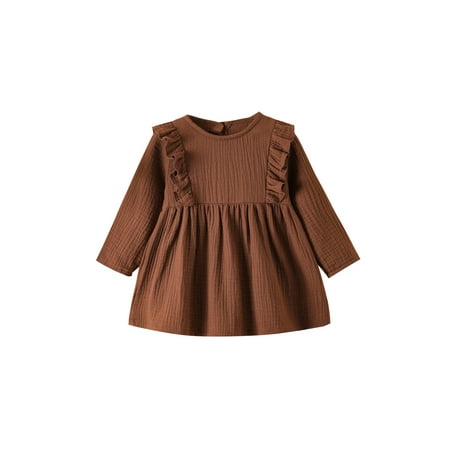 

Toddler Baby Girl Long Sleeve Cotton Linen Dress Solid Crewneck Casual Dresses Kids Autumn Playwear Dress
