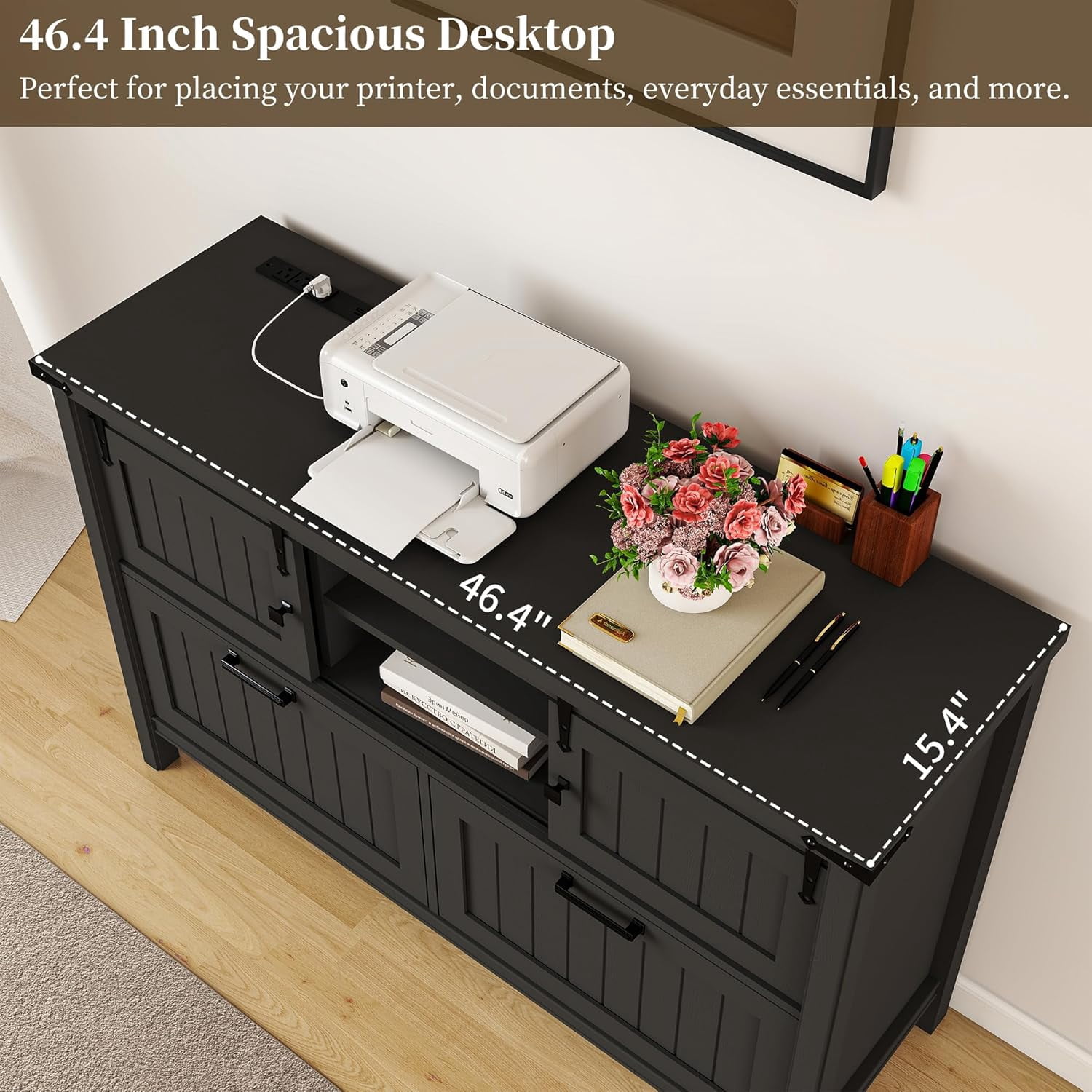 FIAKOA Farmhouse 2-Drawer Lateral File Cabinet, Filing Cabinet with Sliding Doors & Charge Station, Printer Stand Cabinets for Home Office, Black