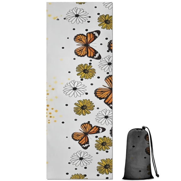White Butterfly Flower Dot Pattern Hot Yoga Mat Towel Non Slip for Hot Yoga - Quick-Drying Yoga Mat Cover with 4 Corner Pockets with Travel Bag - Hot Yoga Towel Non Slip 70"x26"