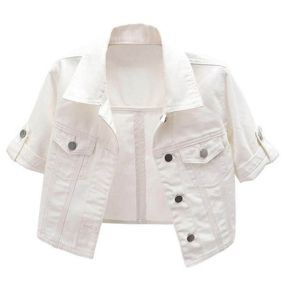 Leodye Women's Fashionable and Comfortable Denim Jacket Button Down Short Sleeve Cropped Jean Jacket Coat White 6(M)