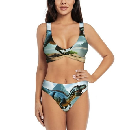 Zeuib Lake Forest Dinosaur A High Waisted Tummy Control Bikini Set - Knot Front Push Up Top & Cheeky Thong Bottom  Two-Piece Swimsuit for Women-Large