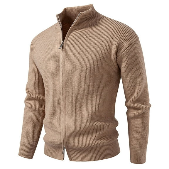 Men's Casual Sweater Stand Collar Two-Way Zipper Cardigan Sweaters Cable Knit Sweater Trendy Winter Jackets Khaki 3XL