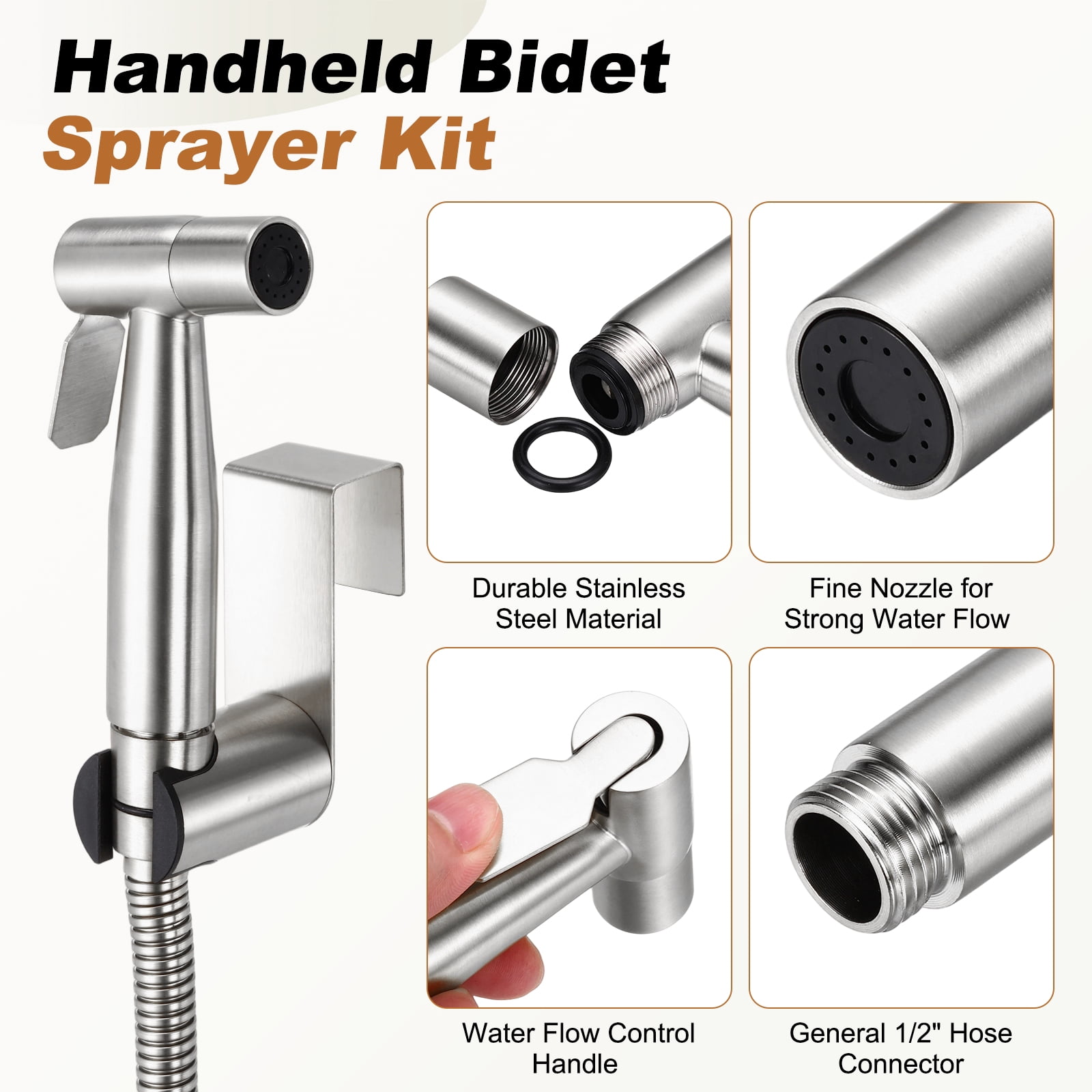 Uxcell Handheld Toilet Bidet Sprayer, 304 Stainless Steel Toilet Sprayer with Bidet Hose, No-drill Adjustable Jet Water Pressure Control for Women Wash Diapers Washing, Brushed Silver