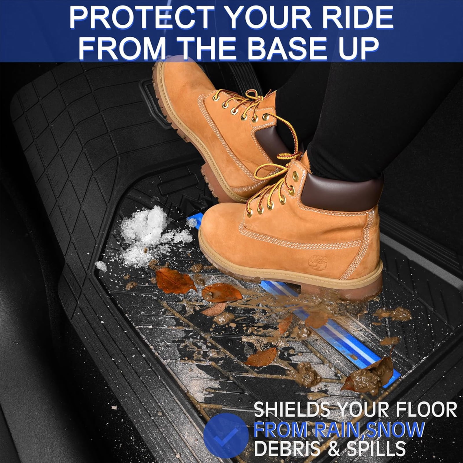 CAR GRAND Heavy Duty Rubber Car Floor Mats, Deep Dish Waterproof Car Mats All Weather, Universal Trim-to Fit Automotive Floor Mats for Car SUV Truck Van, Durable Floor Liners Black Blue