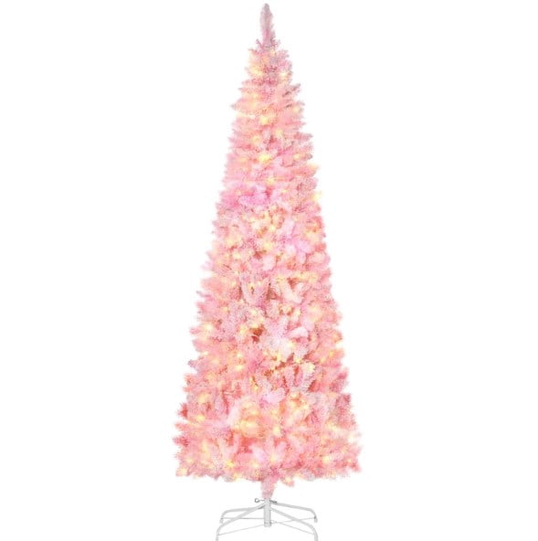 7.5ft Prelit Pink Snow Flocked Christmas Tree 700 Tips 350 LED Lights Auto-Open Branches Indoor Decor