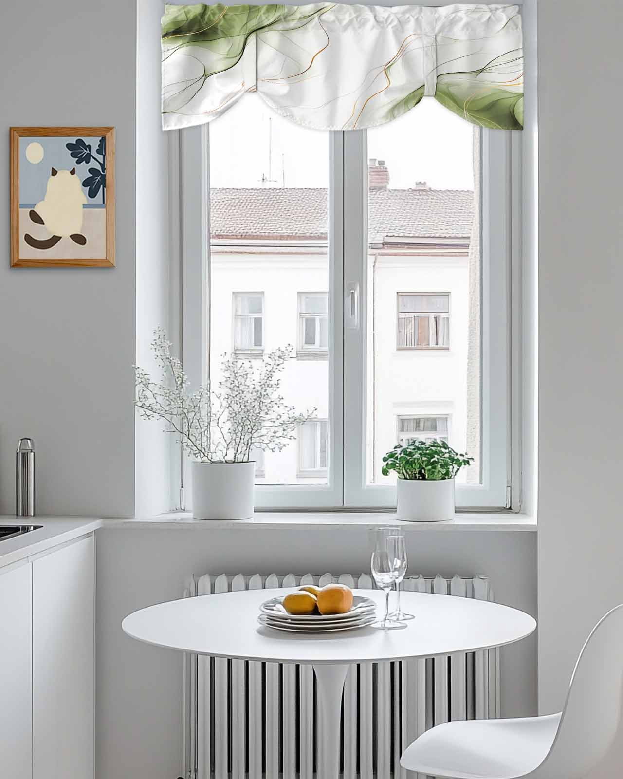 Sage Green Water Ripple Tie Up Valances Curtain, Adjustable Kitchen Vintage Abstract Valances for Windows Decor, Rod Pocket Short Curtains Set for Bedroom/Bathroom, 60"x18"